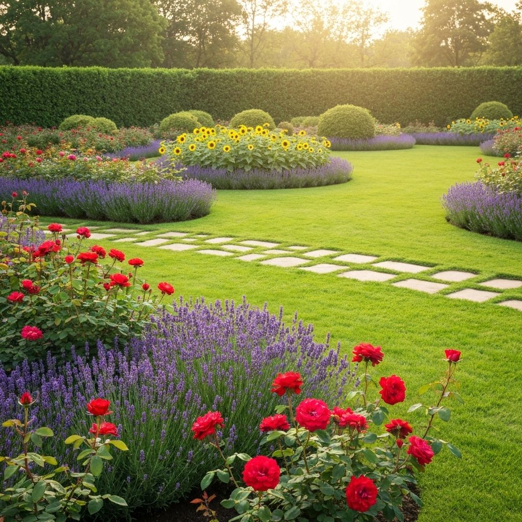 Beautiful landscaped garden with lush green lawn and colorful flowers