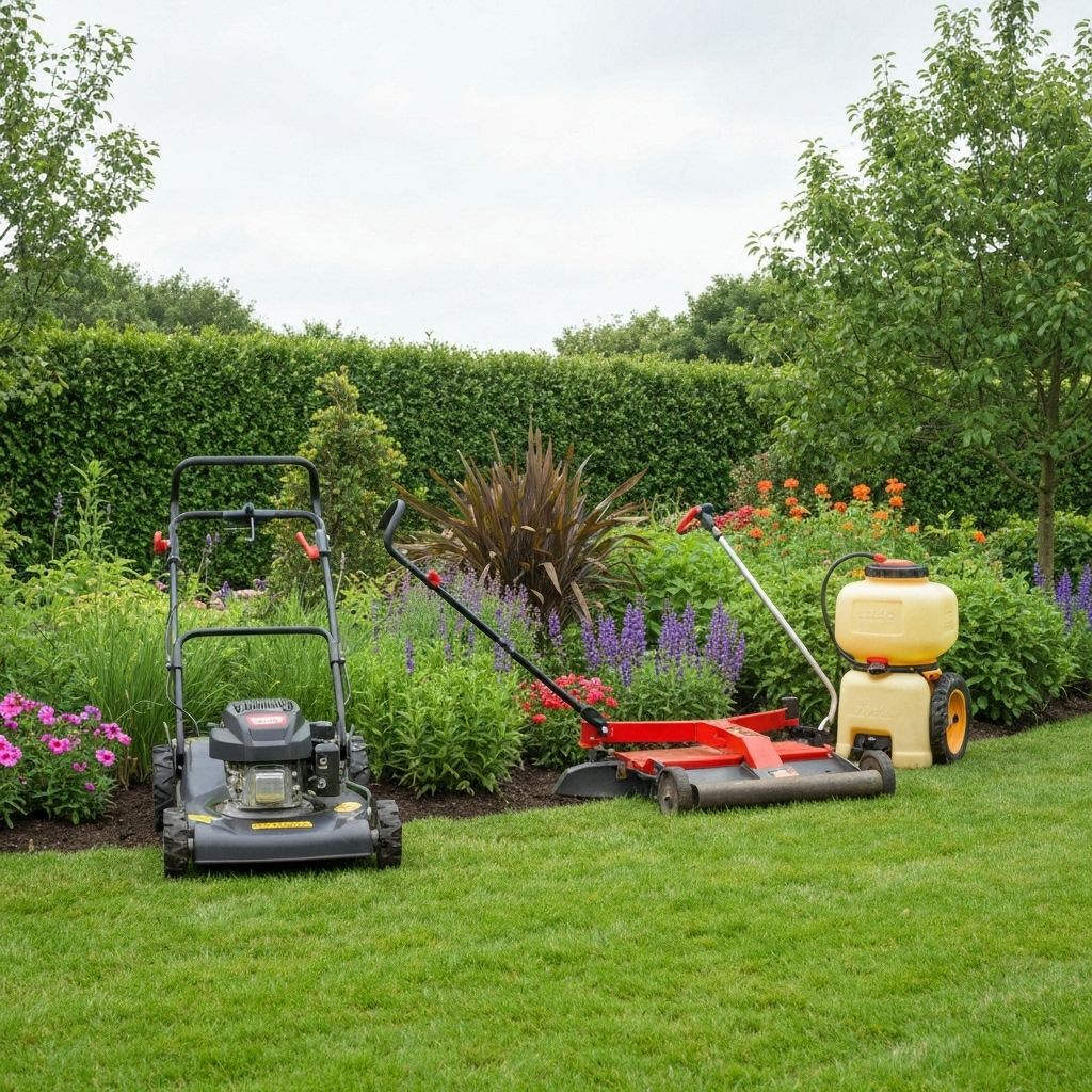 Professional landscaping equipment and beautifully maintained garden with lush greenery